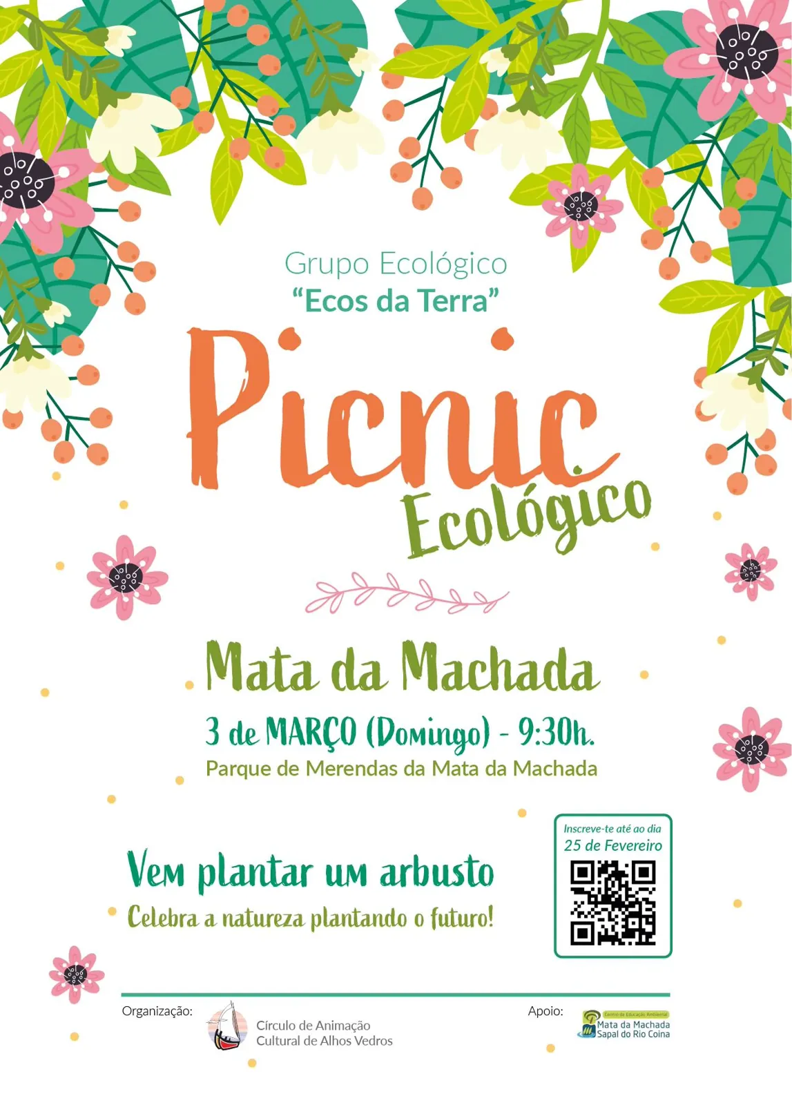 Cartaz do Picnic Ecológico, 3 de Março, 9h30, Parque de Merendas da Mata da Machada