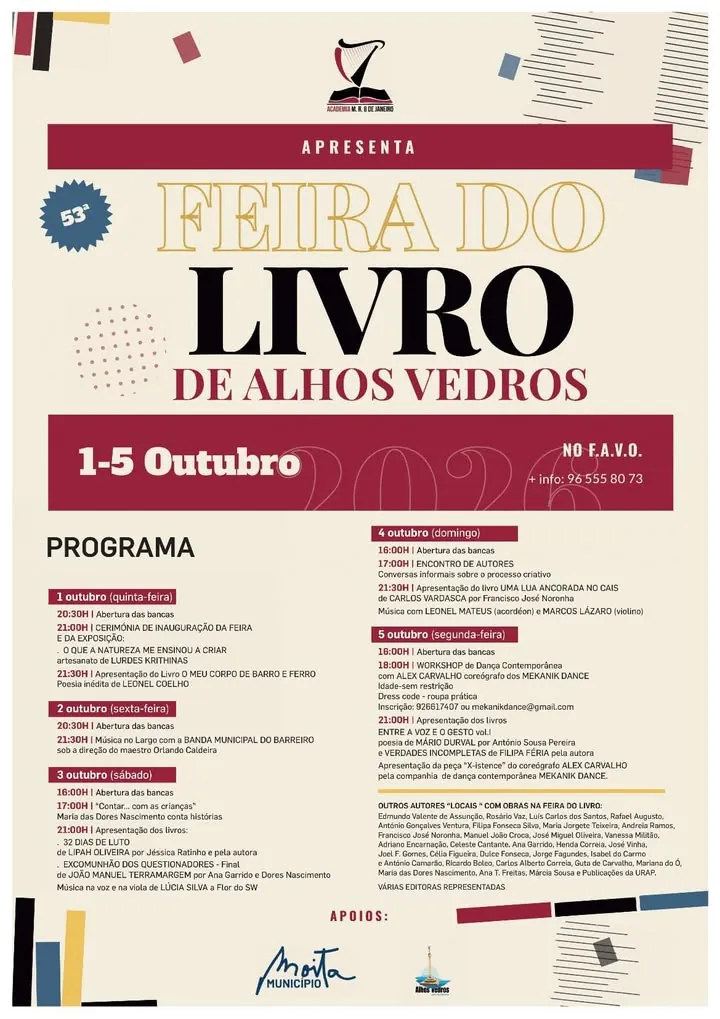 Cartaz da Feira do Livro de Alhos Vedros, 1 a 5 de Outubro, com o programa